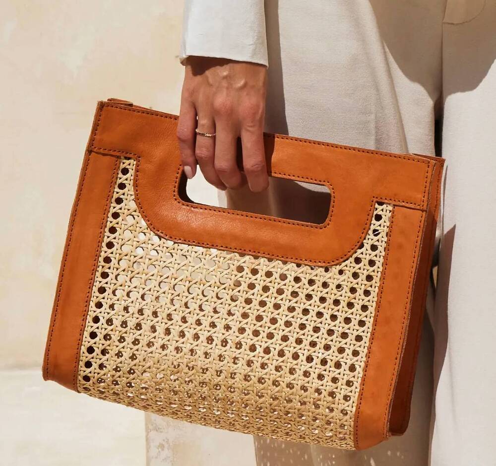 NEW THE WINDING ROAD women's rattan cane weave handbag with leather trim in brow